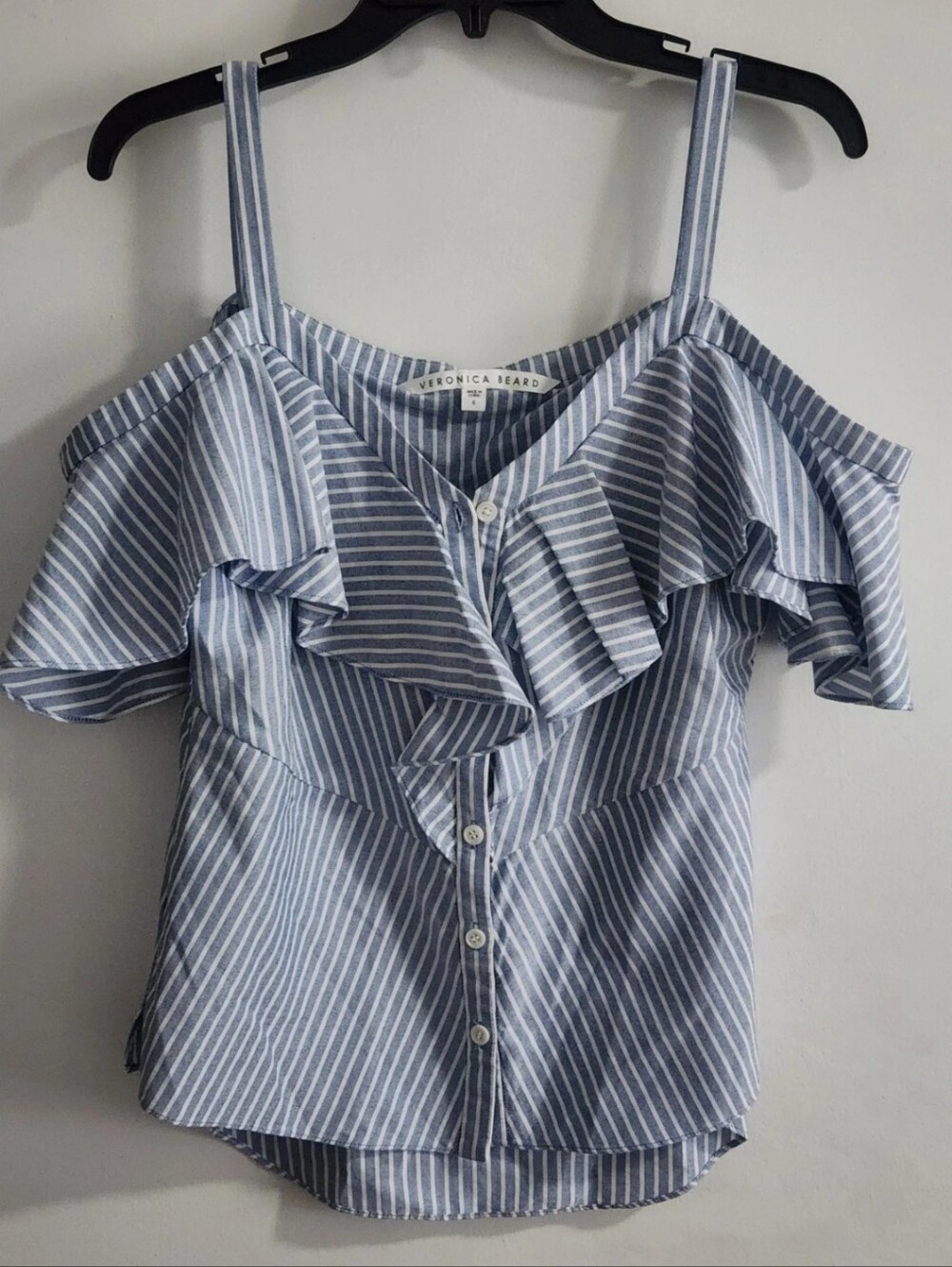 Veronica Beard Coastal Grant Cold Shoulder Ruffle Top Size 6 Hamptons